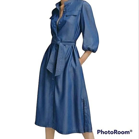 Dresses & Skirts - Massimo Dutti Shirt Dress 3/4 Sleeves Mockneck Minimalist Lyocell Chambray Midi